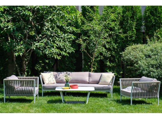 "Касабланка" диван 3-местный плетеный из роупа, каркас алюминий белый муар, роуп бежевый 20мм, ткань бежевая 052 в Ростове-на-Дону