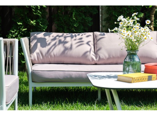 "Касабланка" диван 3-местный плетеный из роупа, каркас алюминий белый муар, роуп бежевый 20мм, ткань бежевая 052 в Ростове-на-Дону