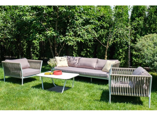 "Касабланка" диван 3-местный плетеный из роупа, каркас алюминий белый муар, роуп бежевый 20мм, ткань бежевая 052 в Ростове-на-Дону