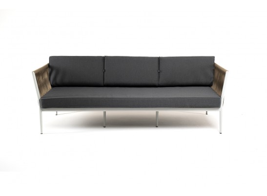 "Касабланка" диван 3-местный плетеный из роупа, каркас алюминий светло-серый (RAL7035) муар, роуп серо-коричневый 23мм, ткань серая 017 в Ростове-на-Дону