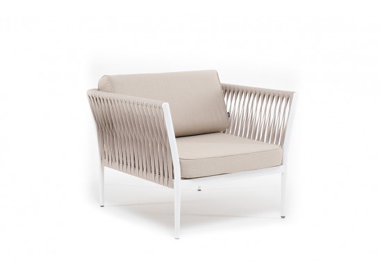 "Касабланка" кресло плетеное из роупа, каркас алюминий белый, роуп бежевый, ткань бежевая в Ростове-на-Дону