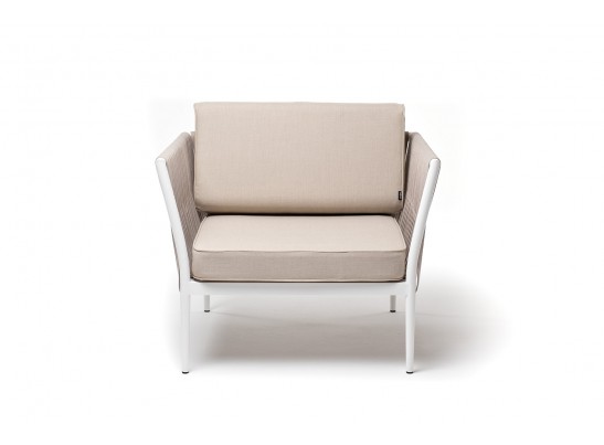 "Касабланка" кресло плетеное из роупа, каркас алюминий белый муар, роуп бежевый 20мм, ткань бежевая 15052 в Ростове-на-Дону