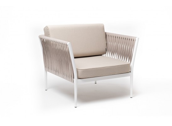 "Касабланка" кресло плетеное из роупа, каркас алюминий белый муар, роуп бежевый 20мм, ткань бежевая 15052 в Ростове-на-Дону
