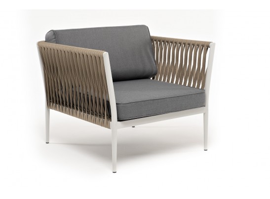 "Касабланка" кресло плетеное из роупа, каркас алюминий светло-серый (RAL7035) муар, роуп серо-коричневый 23мм, ткань серая 017 в Ростове-на-Дону