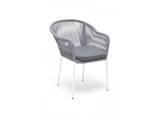 "Лион" стул плетеный из роупа, каркас из стали белый муар, роуп светло-серый круглый, ткань светло-серая в Ростове-на-Дону