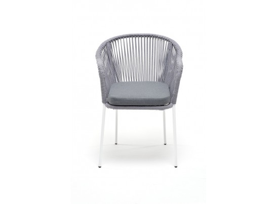 "Лион" стул плетеный из роупа, каркас из стали белый муар, роуп светло-серый круглый, ткань светло-серая в Ростове-на-Дону