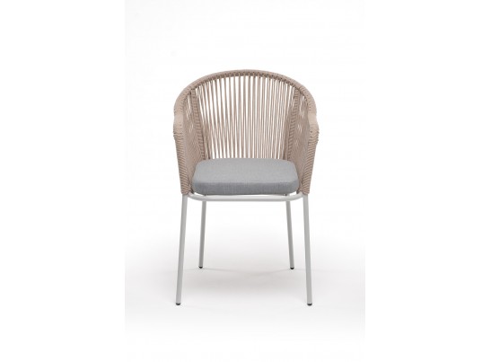 "Лион" стул плетеный из роупа, каркас из стали светло-серый (RAL7035) муар, роуп бежевый круглый, ткань светло-серая в Ростове-на-Дону