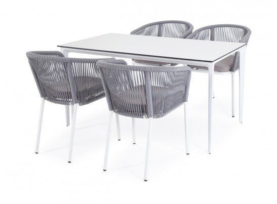 "Малага" обеденная группа на 4 персоны со стульями "Марсель", каркас белый, роуп светло-серый в Ростове-на-Дону