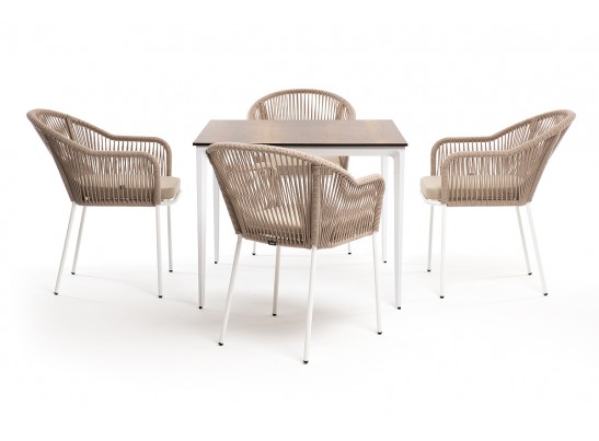 "Малага" обеденная группа на 4 персоны со стульями "Лион", каркас белый, роуп бежевый в Ростове-на-Дону