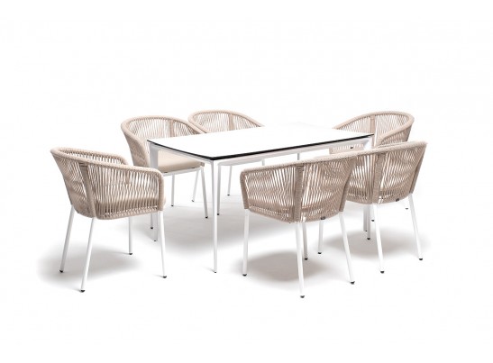 "Малага" обеденная группа на 6 персон со стульями "Марсель", каркас белый, роуп бежевый в Ростове-на-Дону