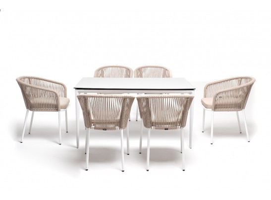 "Малага" обеденная группа на 6 персон со стульями "Марсель", каркас белый, роуп бежевый в Ростове-на-Дону