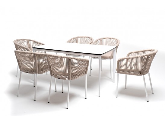 "Малага" обеденная группа на 6 персон со стульями "Марсель", каркас белый, роуп бежевый в Ростове-на-Дону