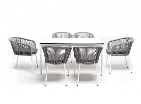 "Малага" обеденная группа на 6 персон со стульями "Марсель", каркас белый, роуп светло-серый в Ростове-на-Дону