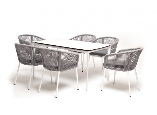 "Малага" обеденная группа на 6 персон со стульями "Марсель", каркас белый, роуп светло-серый в Ростове-на-Дону
