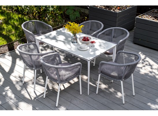 "Малага" обеденная группа на 6 персон со стульями "Марсель", каркас белый, роуп светло-серый в Ростове-на-Дону