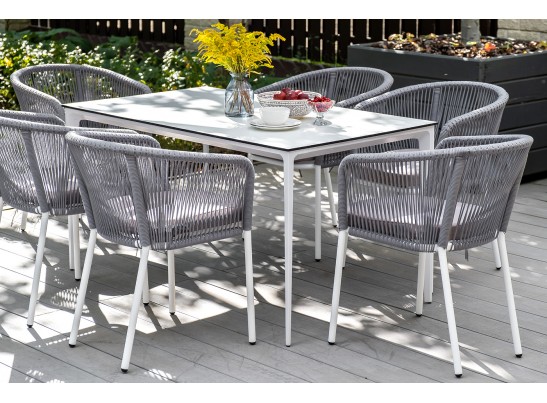 "Малага" обеденная группа на 6 персон со стульями "Марсель", каркас белый, роуп светло-серый в Ростове-на-Дону