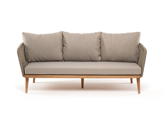 "Мальорка" диван 3-местный плетеный из роупа, основание дуб, роуп серо-коричневый 23мм, ткань бежевая 052 в Ростове-на-Дону