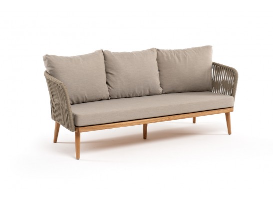 "Мальорка" диван 3-местный плетеный из роупа, основание дуб, роуп серо-коричневый 23мм, ткань бежевая 052 в Ростове-на-Дону