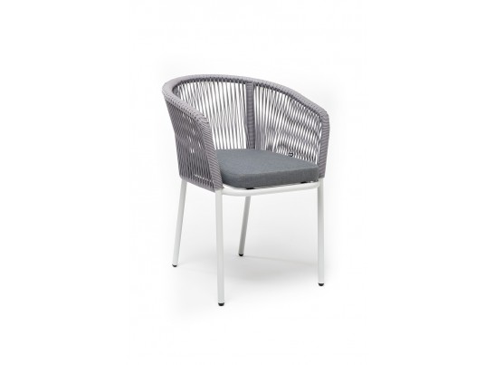 "Марсель" стул плетеный из роупа, каркас алюминий белый муар, роуп светло-серый круглый, ткань светло-серая в Ростове-на-Дону