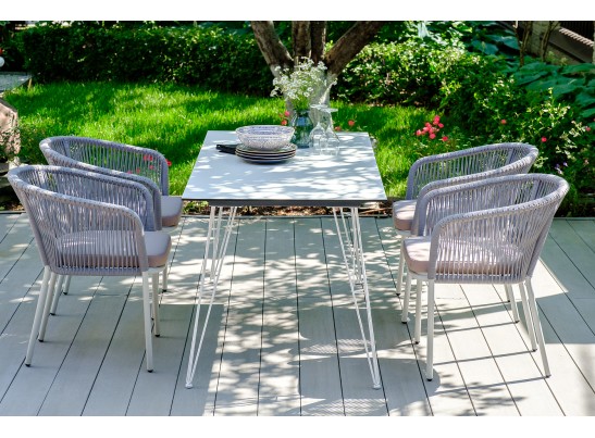 "Марсель" стул плетеный из роупа, каркас алюминий белый муар, роуп светло-серый круглый, ткань светло-серая в Ростове-на-Дону