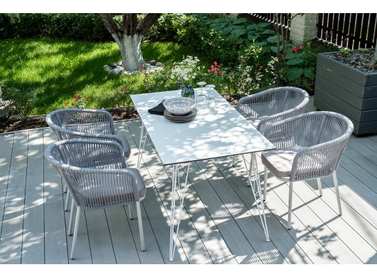 "Марсель" стул плетеный из роупа, каркас алюминий белый муар, роуп светло-серый круглый, ткань светло-серая в Ростове-на-Дону