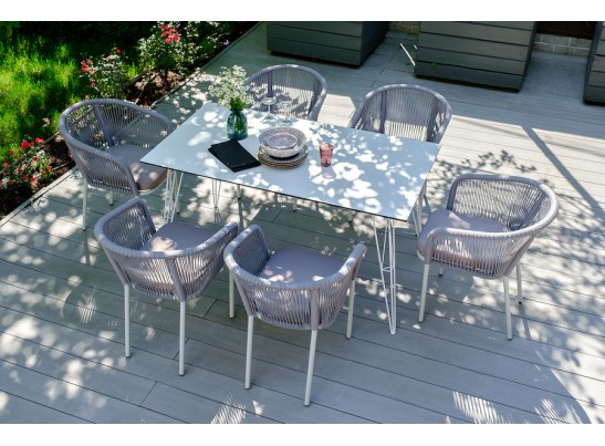 "Марсель" стул плетеный из роупа, каркас алюминий белый муар, роуп светло-серый круглый, ткань светло-серая в Ростове-на-Дону