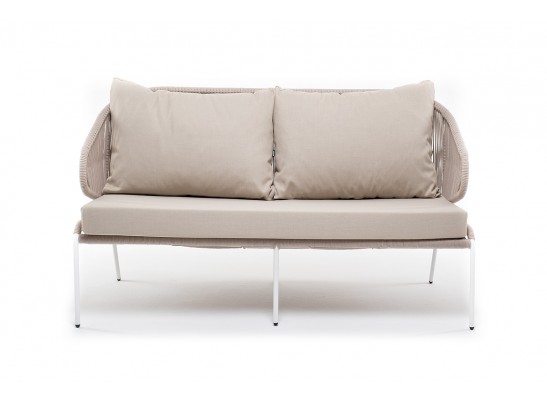 "Милан" диван 2-местный плетеный из роупа, каркас алюминий белый муар, роуп бежевый круглый, ткань бежевая 035 в Ростове-на-Дону