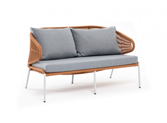 "Милан" диван 2-местный плетеный из роупа, каркас алюминий светло-серый (RAL7035) муар, роуп оранжевый меланж круглый, ткань светло-серая в Ростове-на-Дону