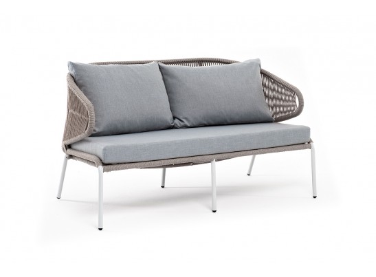 "Милан" диван 2-местный плетеный из роупа, каркас алюминий светло-серый (RAL7035) муар, роуп серый меланж круглый, ткань светло-серая в Ростове-на-Дону