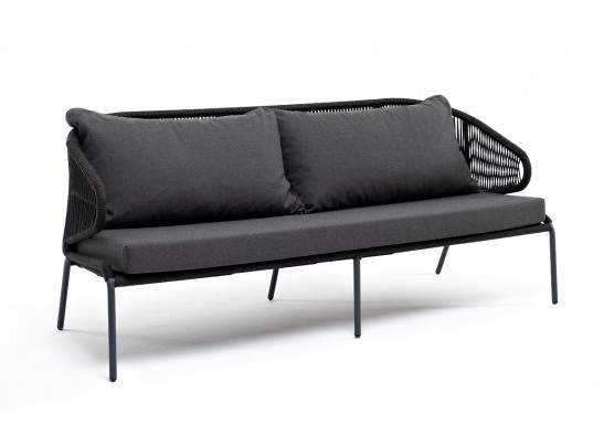 "Милан" диван 3-местный плетеный из роупа, каркас алюминий темно-серый (RAL7024) муар, роуп темно-серый круглый, ткань темно-серая 027 в Ростове-на-Дону