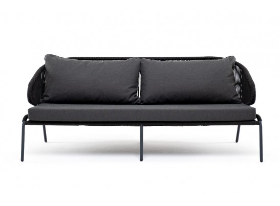 "Милан" диван 3-местный плетеный из роупа, каркас алюминий темно-серый (RAL7024) муар, роуп темно-серый круглый, ткань темно-серая 027 в Ростове-на-Дону