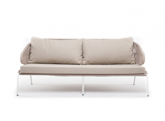 "Милан" диван 3-местный плетеный из роупа, каркас алюминий белый муар, роуп бежевый круглый, ткань бежевая 052 в Ростове-на-Дону