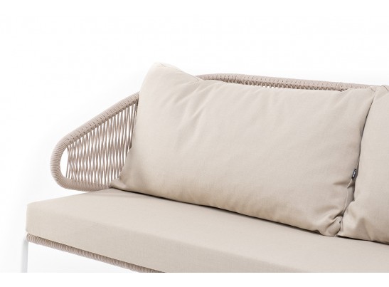 "Милан" диван 3-местный плетеный из роупа, каркас алюминий белый муар, роуп бежевый круглый, ткань бежевая 052 в Ростове-на-Дону