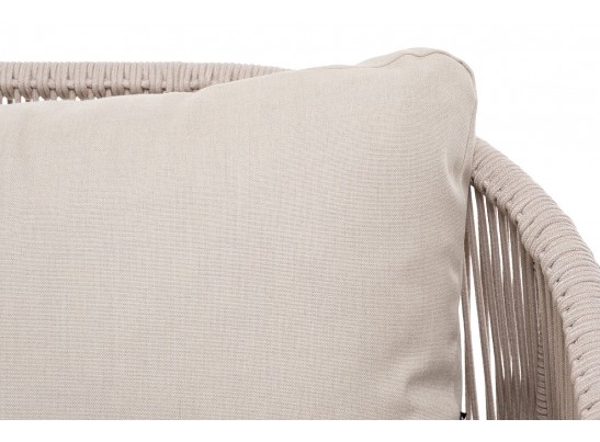 "Милан" диван 3-местный плетеный из роупа, каркас алюминий белый муар, роуп бежевый круглый, ткань бежевая 052 в Ростове-на-Дону