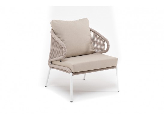 "Милан" кресло плетеное из роупа, каркас алюминий белый муар, роуп бежевый круглый, ткань бежевая 052 в Ростове-на-Дону