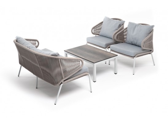 "Милан" лаунж-зона 4-местная плетеная из роупа (веревки), каркас алюминиевый белый, роуп бежевый в Ростове-на-Дону