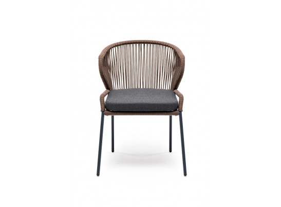 "Милан" стул плетеный из роупа, каркас алюминий серый (RAL7022) муар, роуп коричневый круглый, ткань темно-серая 027 в Ростове-на-Дону