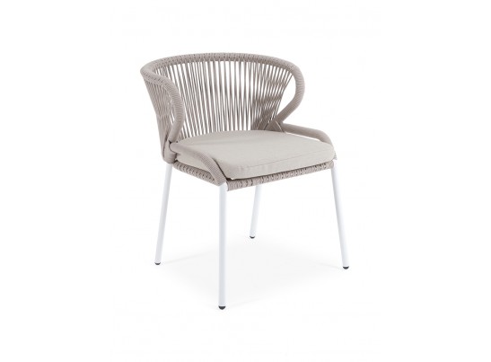 "Милан" стул плетеный из роупа, каркас алюминий белый муар, роуп бежевый круглый, ткань бежевая 052 в Ростове-на-Дону