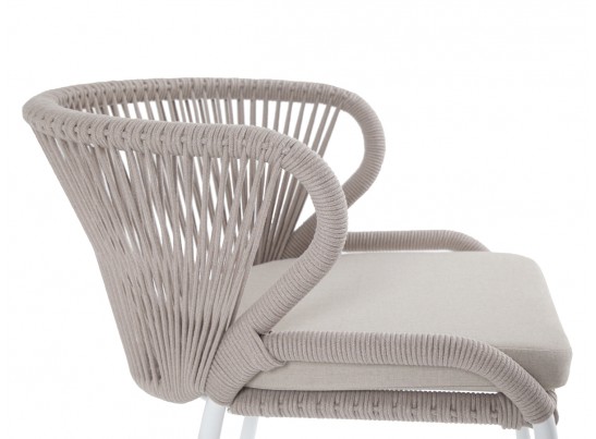 "Милан" стул плетеный из роупа, каркас алюминий белый муар, роуп бежевый круглый, ткань бежевая 052 в Ростове-на-Дону