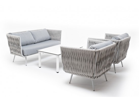 "Монако" лаунж-зона 4-местная из роупа со столом "Верона" (серый гранит), каркас светло-серый, роуп светло-серый в Ростове-на-Дону