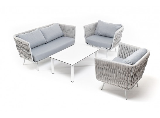 "Монако" лаунж-зона 4-местная из роупа со столом "Верона" (серый гранит), каркас светло-серый, роуп светло-серый в Ростове-на-Дону