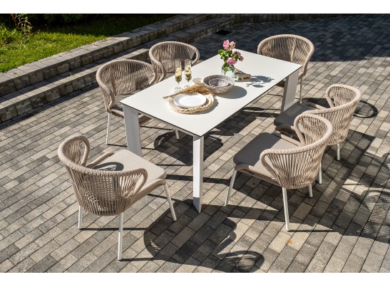 "Венето" обеденная группа на 6 персон со стульями "Милан", каркас белый, роуп бежевый в Ростове-на-Дону