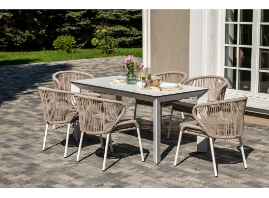 "Венето" обеденная группа на 6 персон со стульями "Милан", каркас белый, роуп бежевый в Ростове-на-Дону