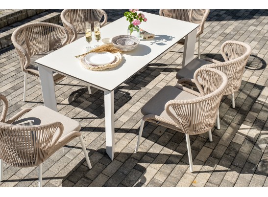 "Венето" обеденная группа на 6 персон со стульями "Милан", каркас белый, роуп бежевый в Ростове-на-Дону