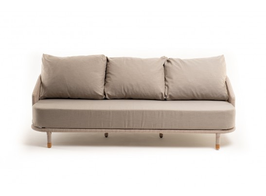 "Верона" диван 3-местный плетеный из роупа, каркас алюминий белый муар, роуп бежевый круглый, ткань бежевая 052 в Ростове-на-Дону