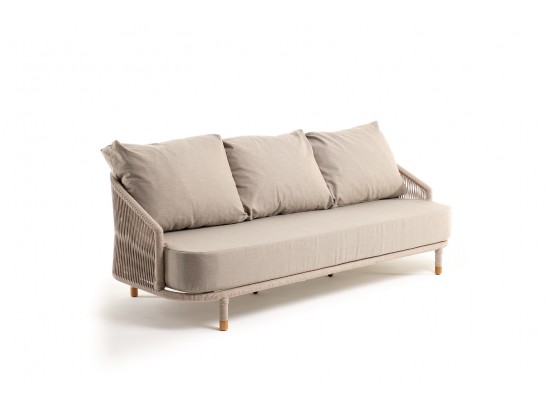 "Верона" диван 3-местный плетеный из роупа, каркас алюминий белый муар, роуп бежевый круглый, ткань бежевая 052 в Ростове-на-Дону