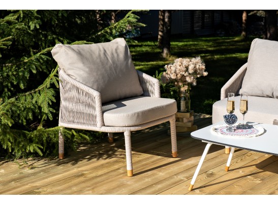 "Верона" кресло плетеное из роупа, каркас алюминий белый муар, роуп бежевый круглый, ткань бежевая 052 в Ростове-на-Дону