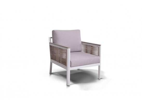 "Сан Ремо" кресло плетеное из роупа садовое, каркас алюминий белый, роуп бежевый, ткань бежевая в Ростове-на-Дону