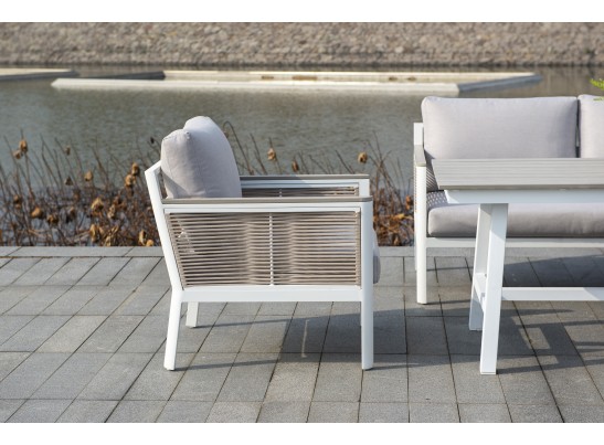 "Сан Ремо" кресло плетеное из роупа садовое, каркас алюминий белый, роуп бежевый, ткань бежевая в Ростове-на-Дону