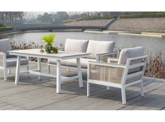 "Сан Ремо" кресло плетеное из роупа садовое, каркас алюминий белый, роуп бежевый, ткань бежевая в Ростове-на-Дону